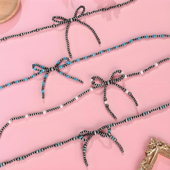 🆕 Women Blue Western Bow Pearl Necklace Trendy Dainty Cowgirl Birthday Jewelry - Picture 6 of 7